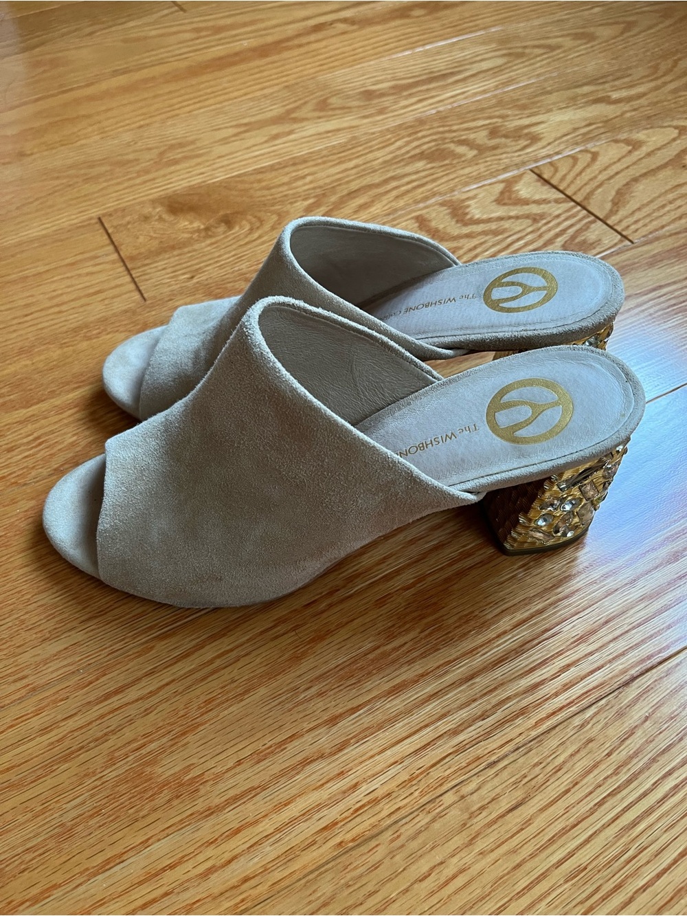 The Wishbone Crystal-Embellished Beige Suede Open-Toe Mules